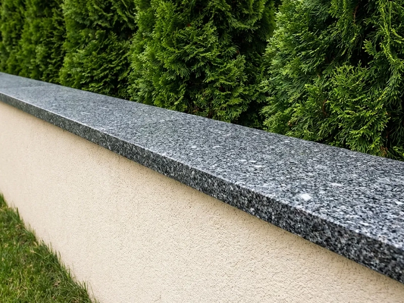 Mauerabdeckplatten aus grauem Granit, 3 cm dick, Oberfläche poliert.